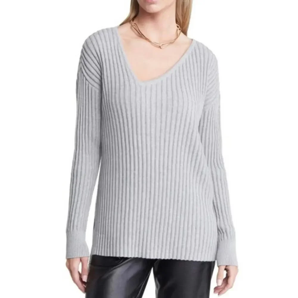 NEW Open Edit Ribbed Sweater Asymmetric Vneck Tunic Long Sleeve Gray Size Small